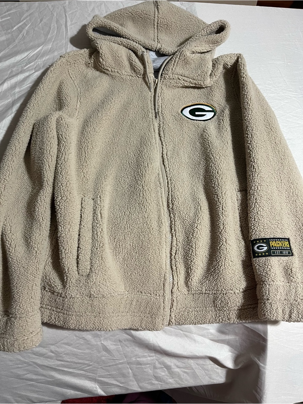 NFL Green Bay Packers Cream Sherpa Zip Hoodie Sweater Women’s Size Large